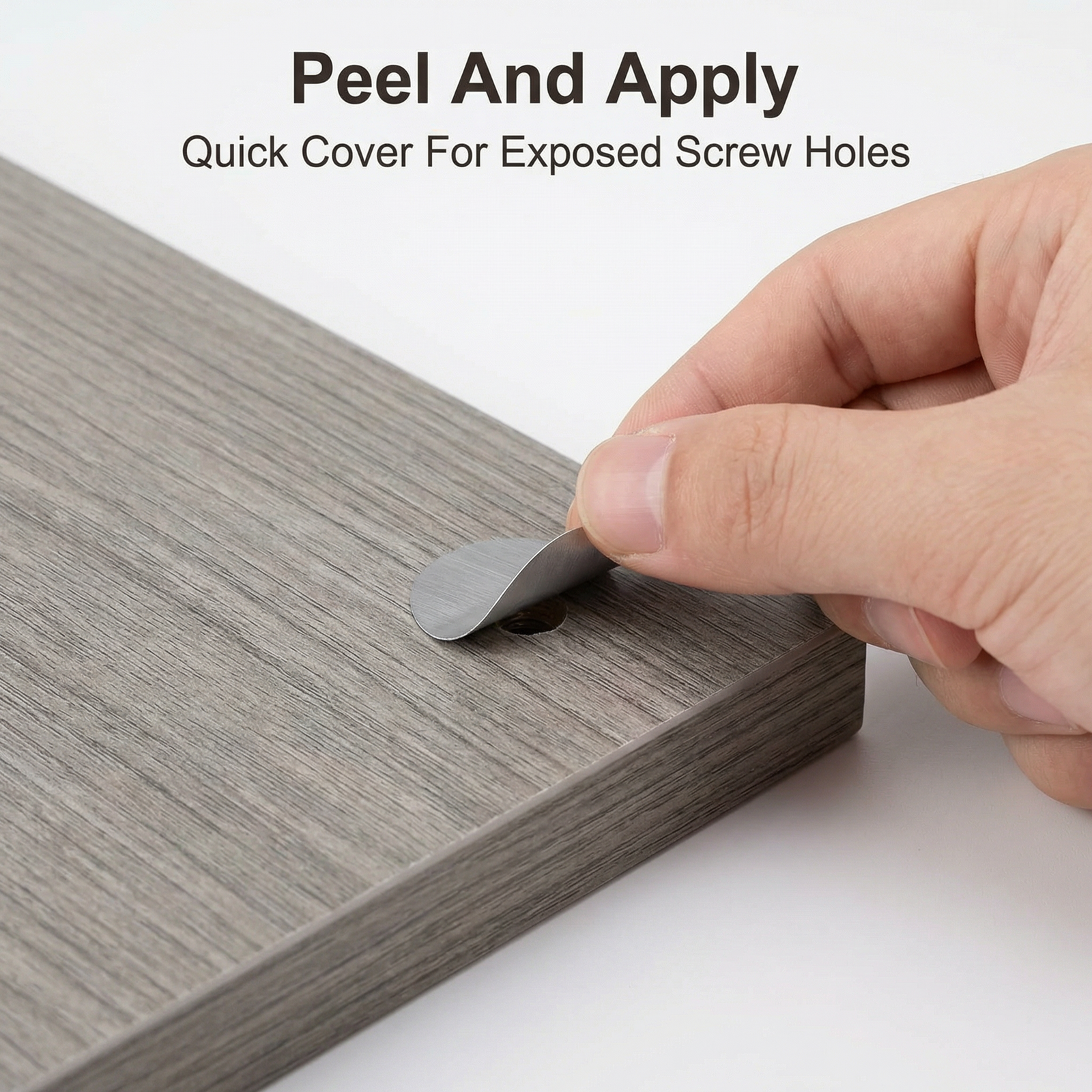 Furniture screw hole covers with self-adhesive wood grain finish