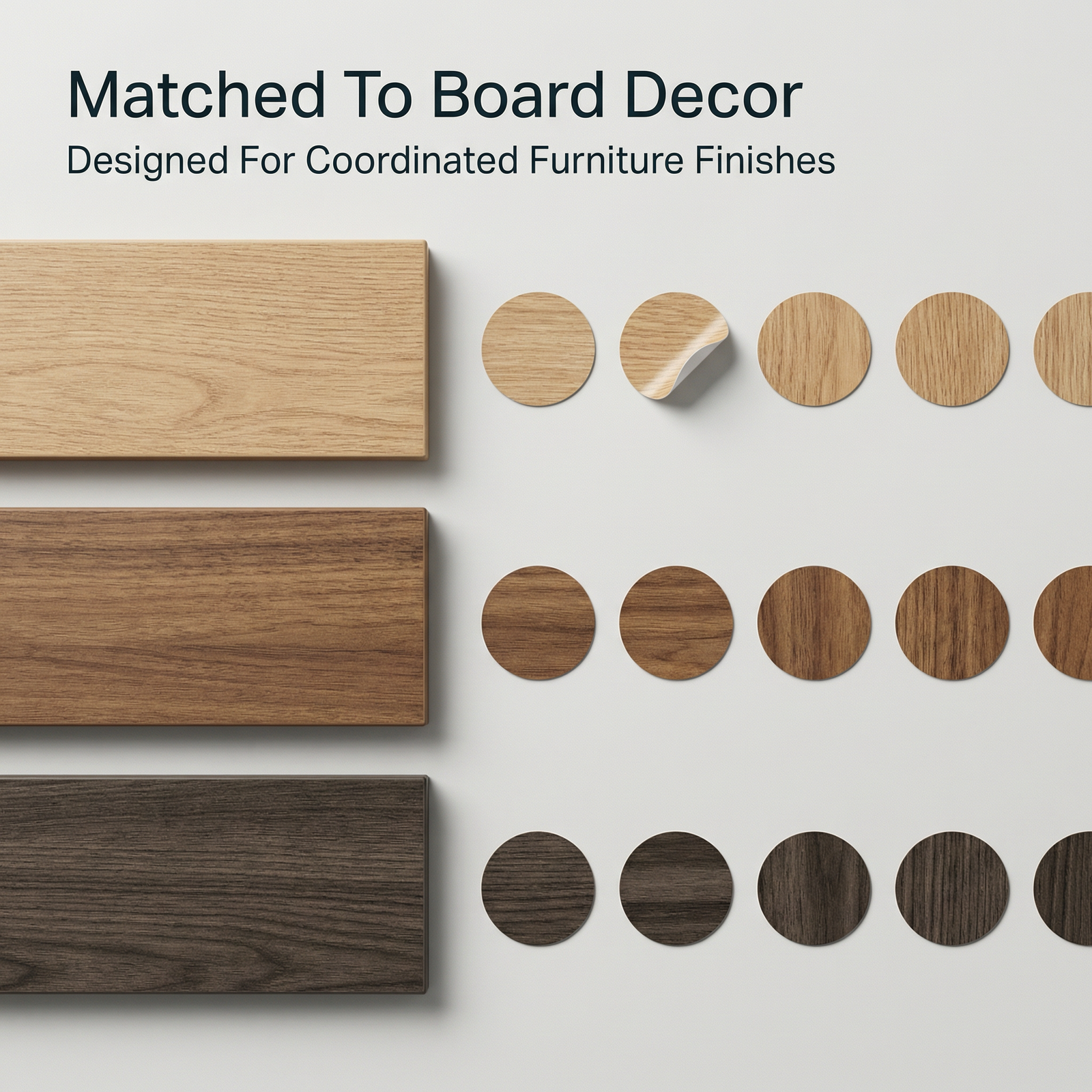 Decor-matched screw cover caps for furniture board surfaces