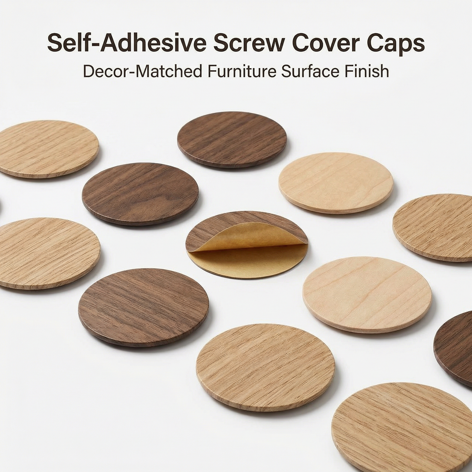 Self-adhesive screw cover caps for furniture surface finishing