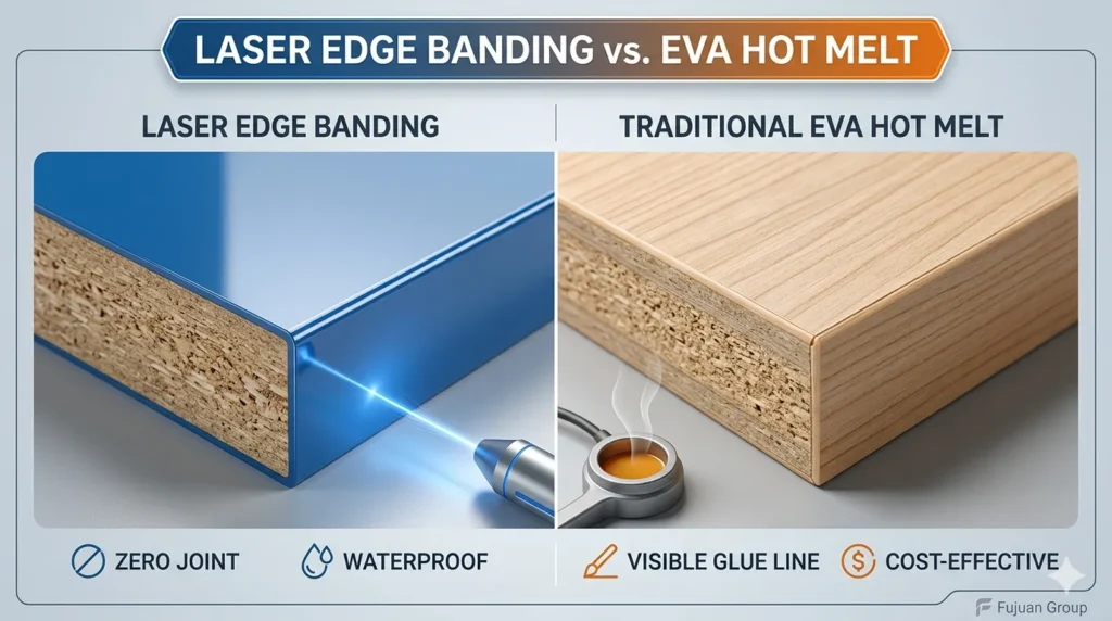 A visual comparison showing the seamless, waterproof zero-joint finish of laser edge banding versus the visible glue line of traditional EVA hot melt adhesive on furniture boards