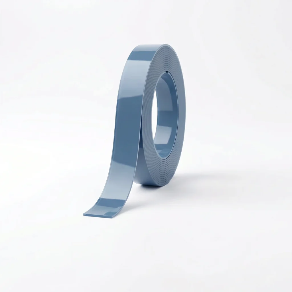 High-gloss blue Acrylic (PMMA) edge banding roll showing a 3D glass-like depth, perfect for modern high-end kitchen cabinets.