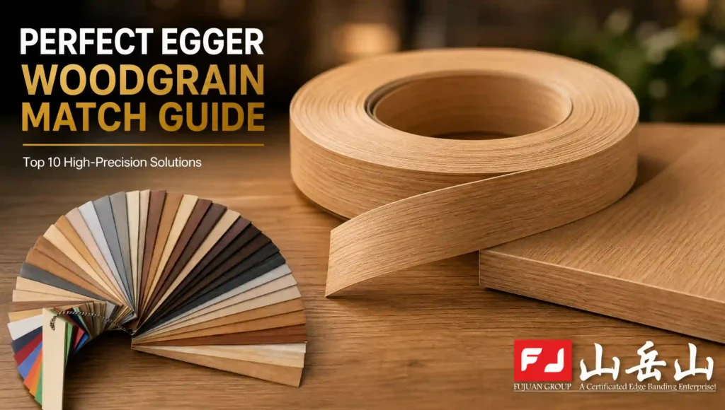 Fujuan Group professional featured image: Perfect EGGER Woodgrain Edge Banding Match Guide, Top 10 Solutions, 98% Accuracy Certified. A roll of natural oak woodgrain banding next to a matching board.