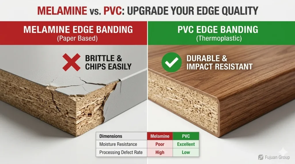 Side-by-side comparison of brittle melamine paper edge banding versus durable, impact-resistant PVC edge banding for custom furniture boards.