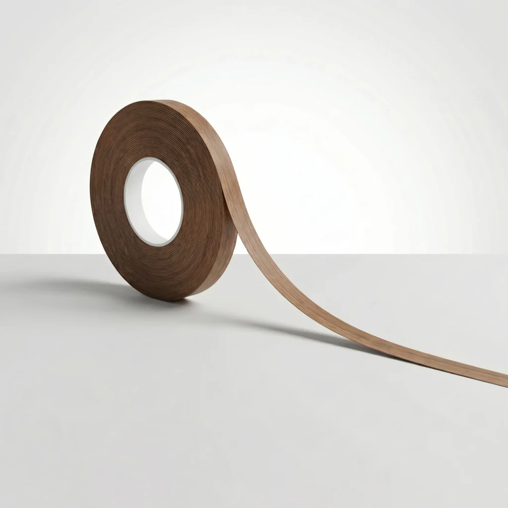 Eco-friendly PP edge banding roll featuring a realistic wood grain texture, providing a natural and sustainable finish for custom furniture boards.