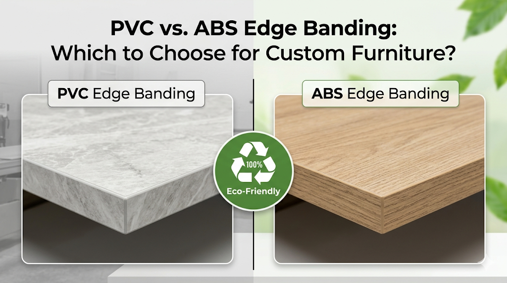 Infographic showing the differences between PVC and ABS edge banding in cost, flexibility, and eco-friendliness.