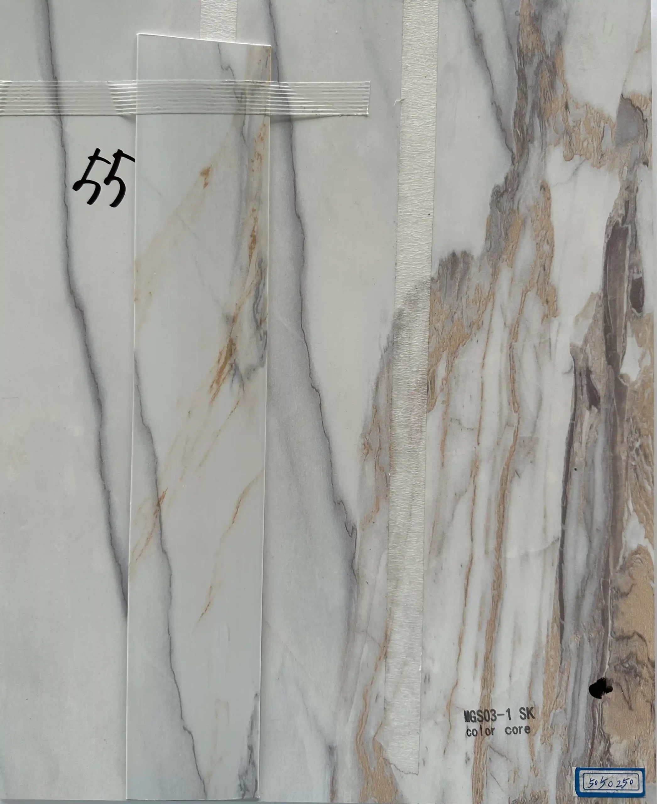 White marble board sample with matching edge banding strip for premium cabinet and furniture surfaces MGS03 1 SK