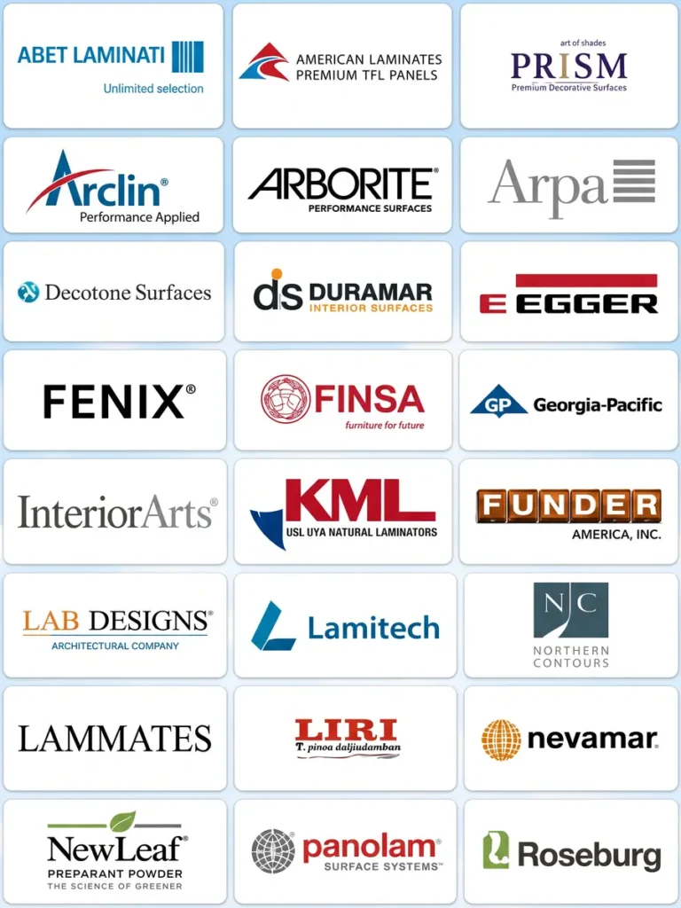 Board and laminate brands for edge banding color matching, including ABET Laminati, American Laminates, PRISM, Arclin, Arborite, Arpa, Decotone Surfaces, Duramar, EGGER, FENIX, FINSA, Georgia-Pacific, InteriorArts, KML, Funder America, LAB Designs, Lamitech, Northern Contours, Lammates, LIRI, Nevamar, NewLeaf, Panolam and Roseburg.