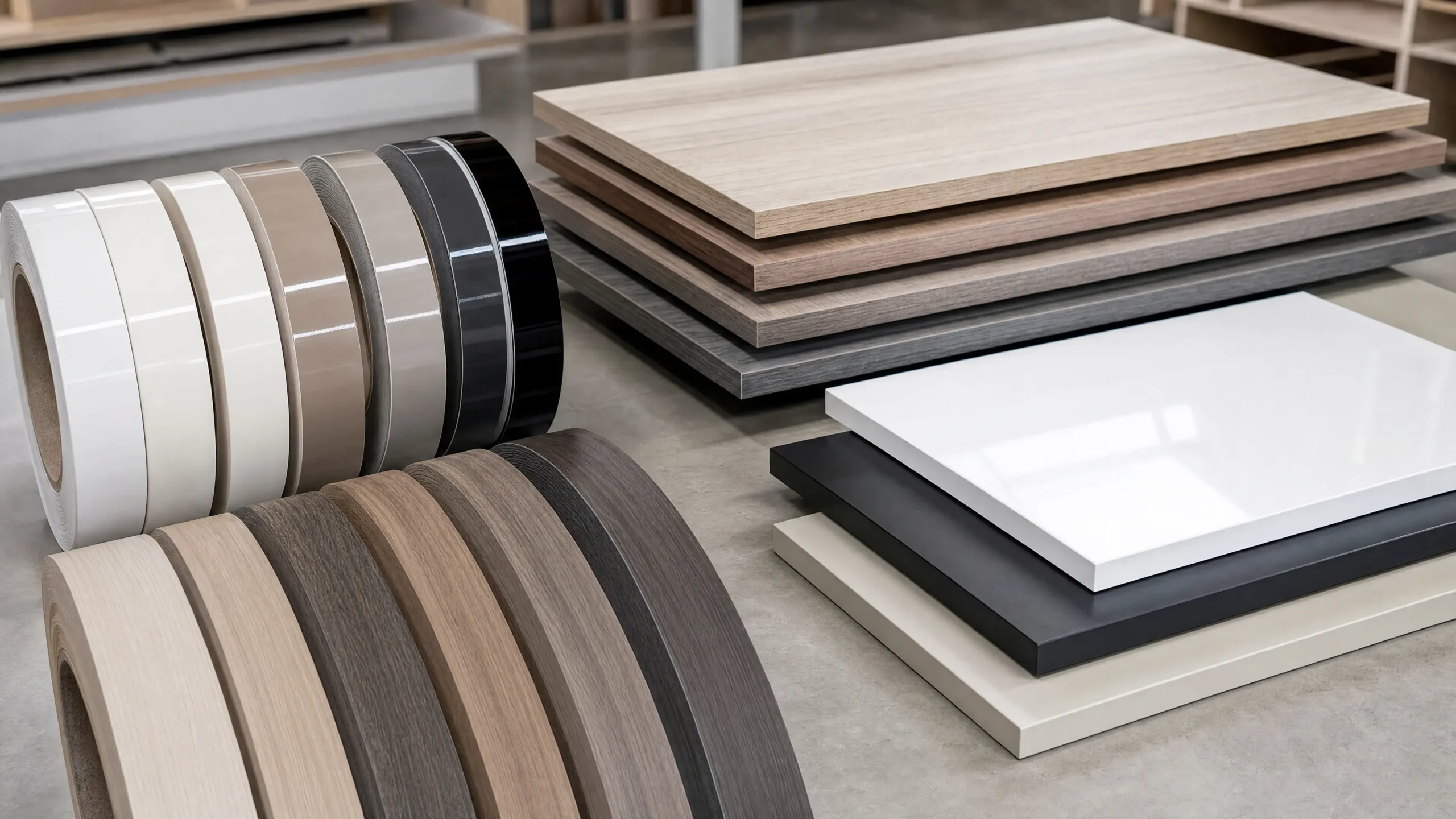 High gloss and matte edge banding sample comparison for cabinet manufacturers