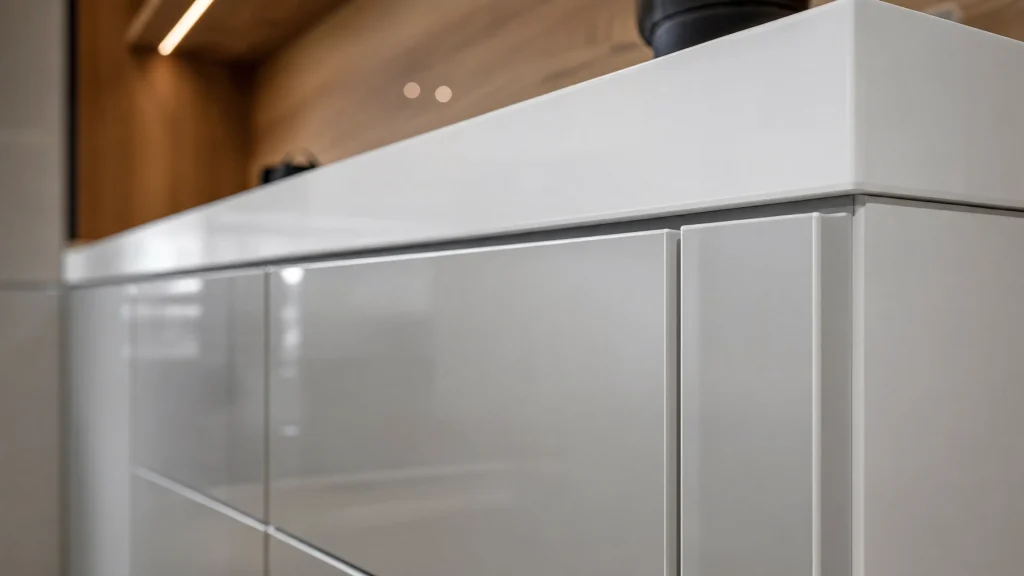High gloss kitchen cabinet with matching PVC edge banding for 2026 cabinet trends