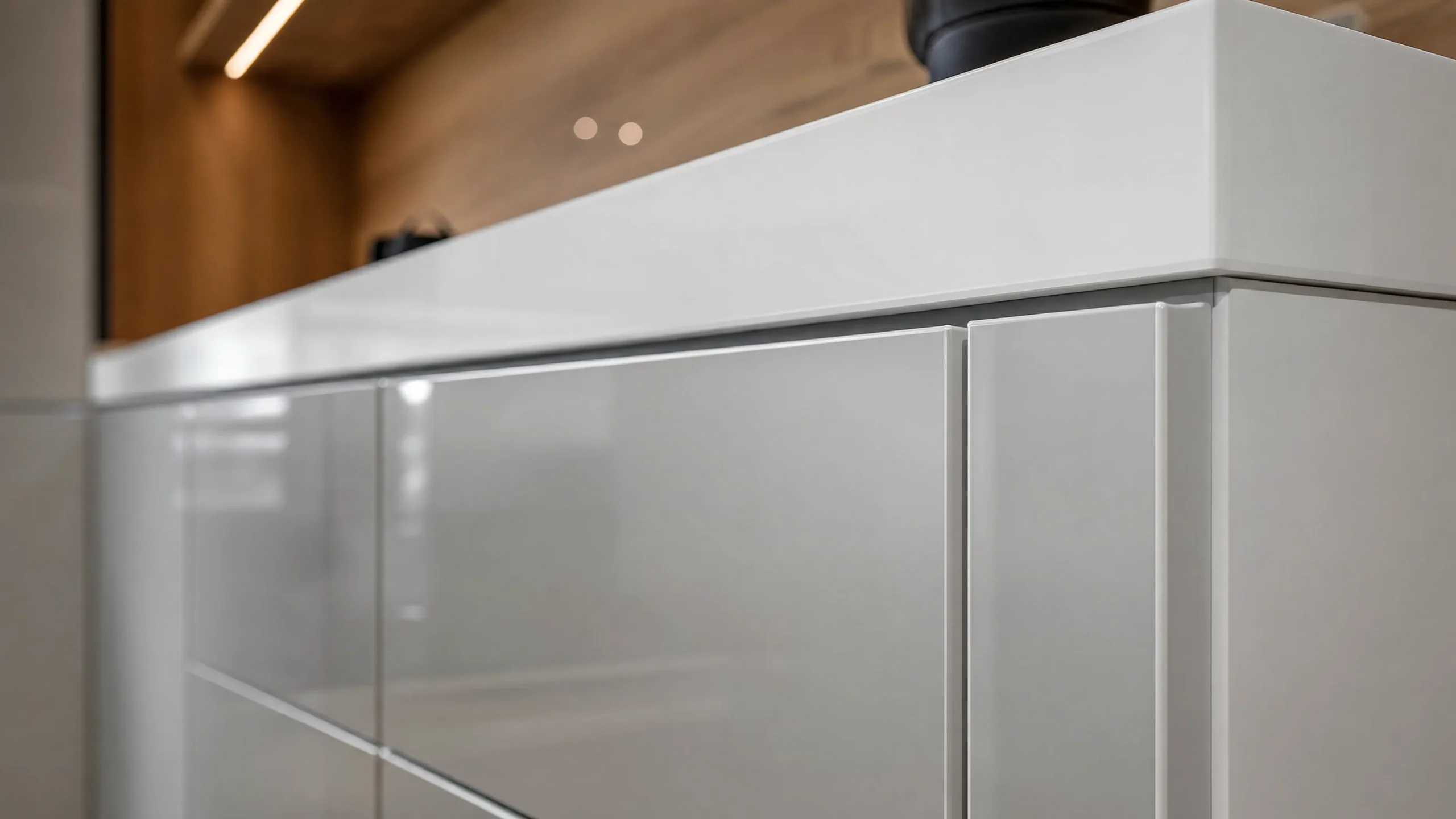 High gloss kitchen cabinet with matching PVC edge banding for 2026 cabinet trends