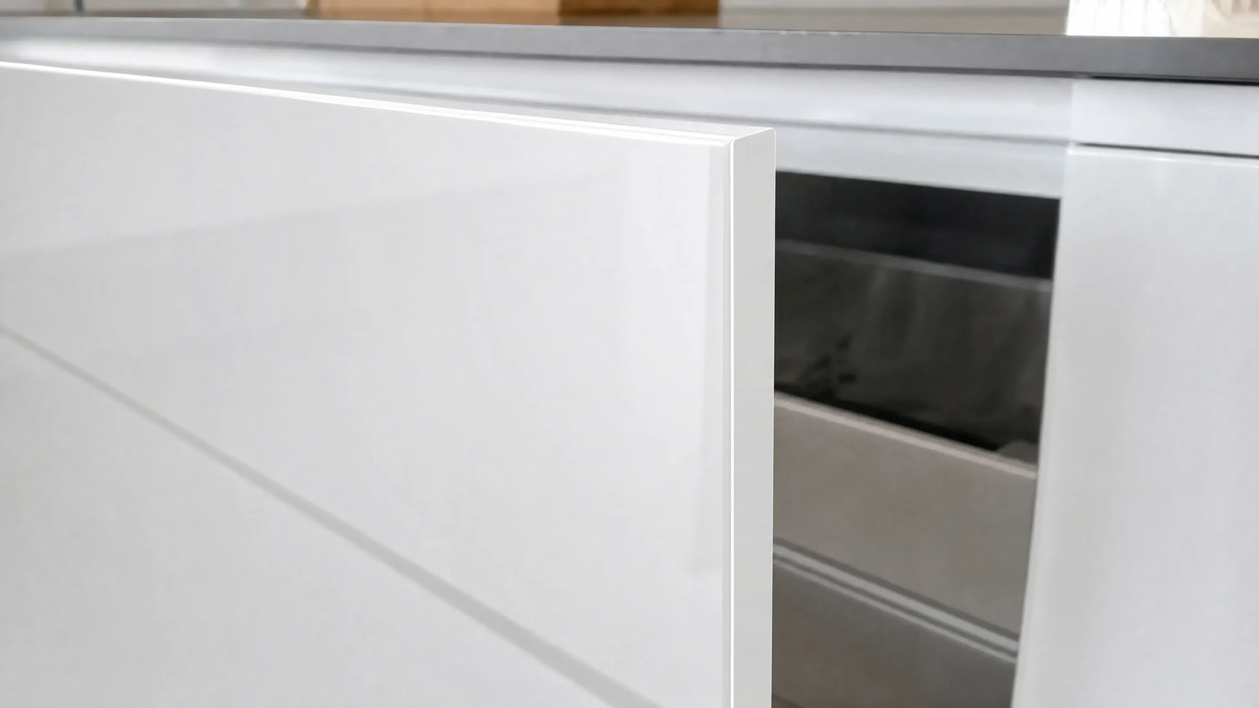 High gloss PVC edge banding detail for glossy cabinet doors