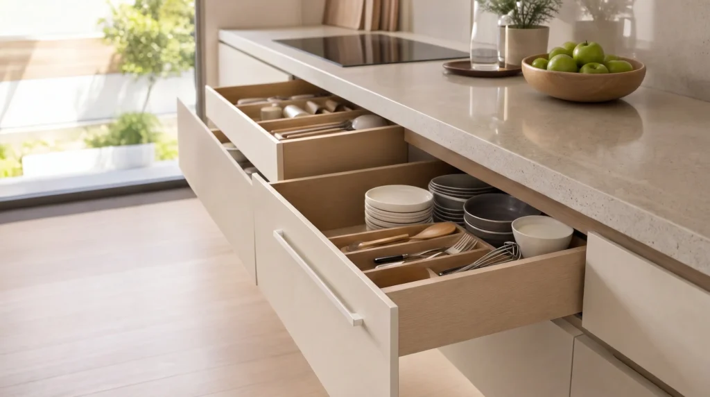 PVC edge banding applied on modern kitchen cabinet drawers for clean interior finishing