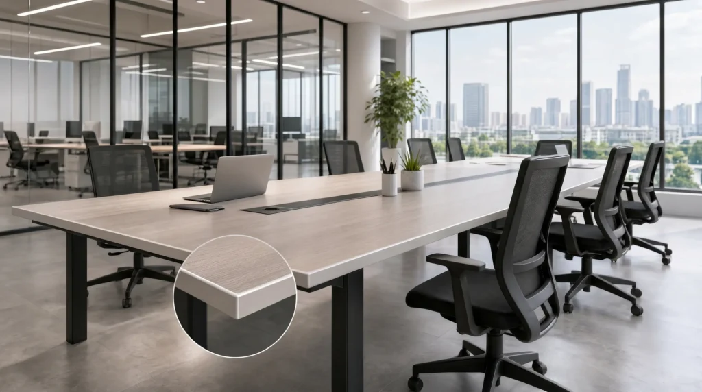 PVC edge banding on office desk furniture panels with clean straight edge finish