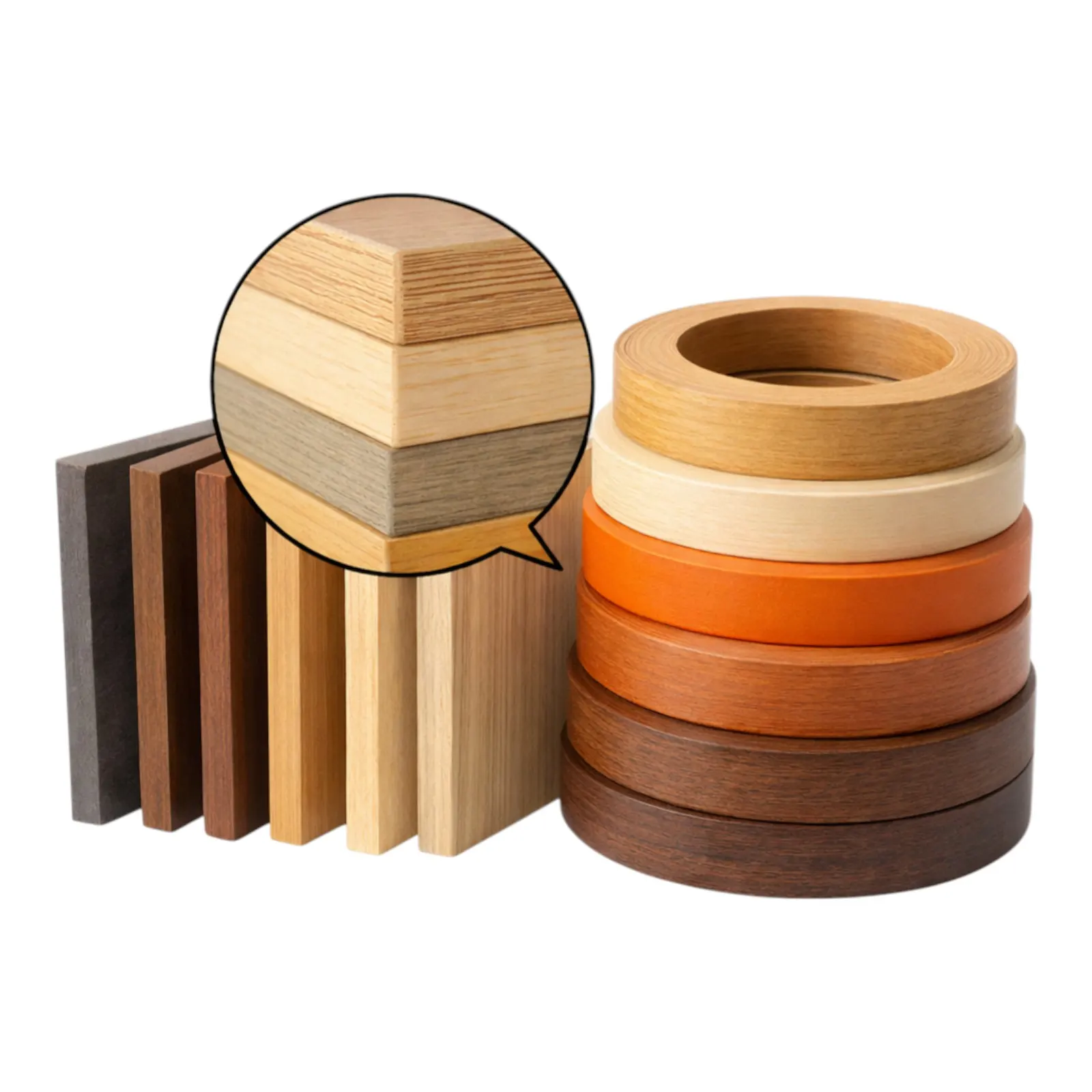 Custom color matched PVC edge banding rolls with wood grain cabinet board samples for furniture manufacturing
