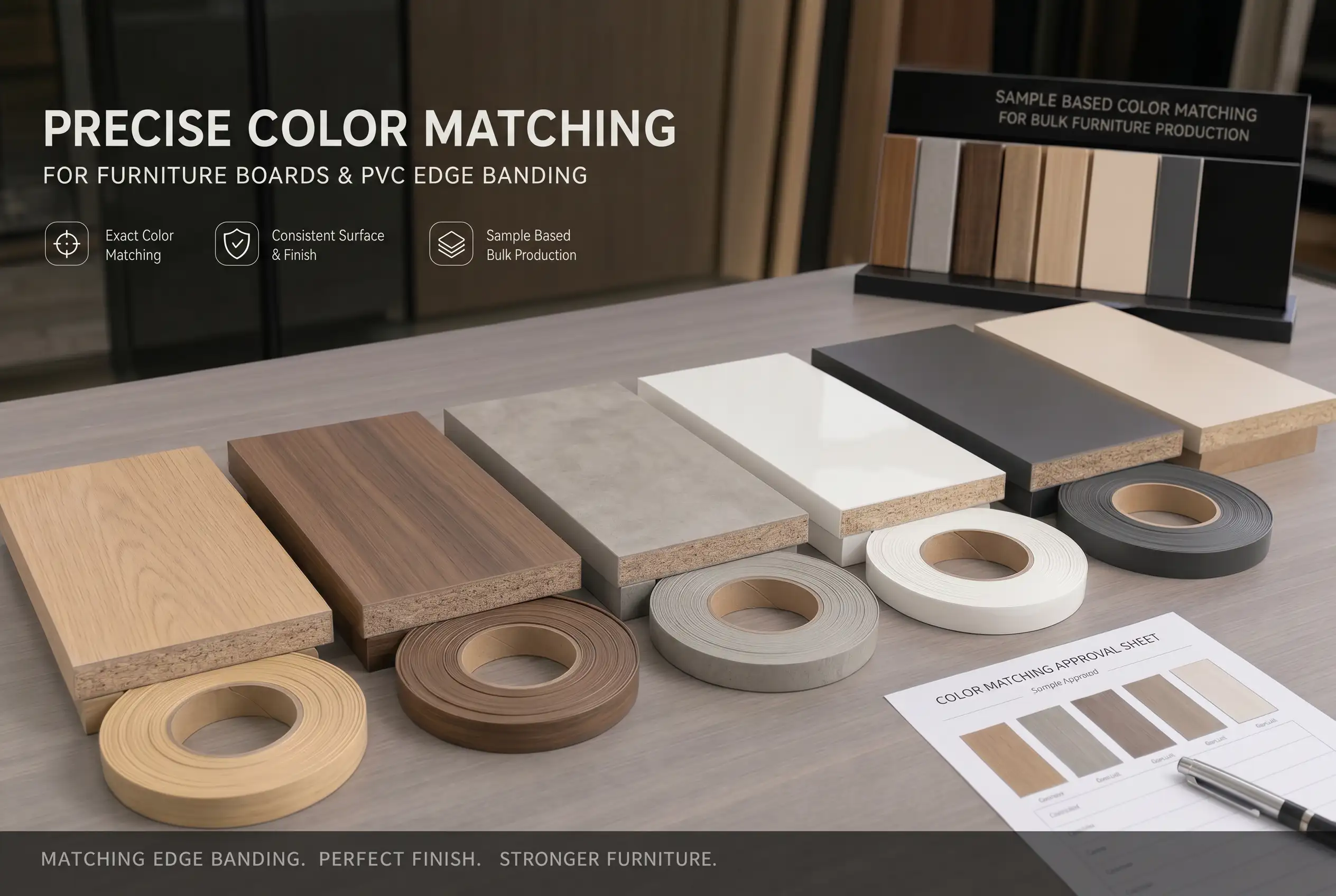 Edge banding color matching for furniture board samples and bulk furniture production