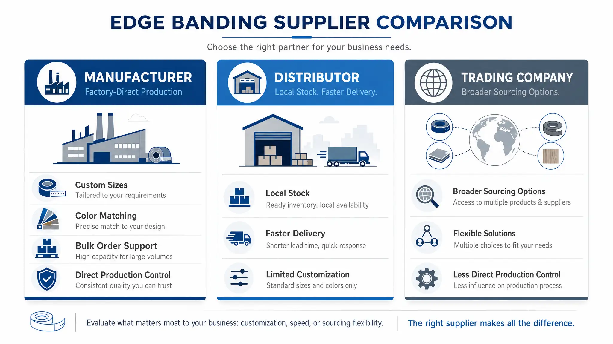 Edge banding supplier comparison between manufacturer, distributor and trading company for bulk buyers